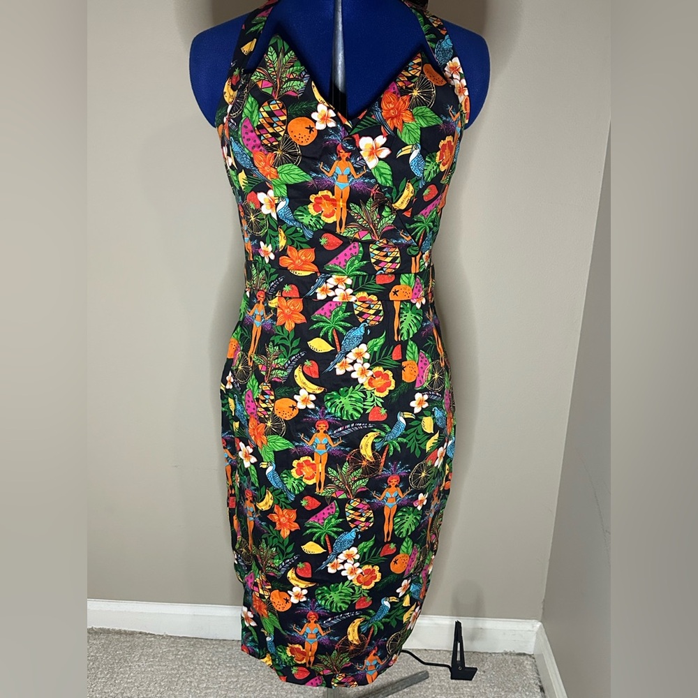 Lindy Bop retro “Millie” tropical halter pencil dress, US sz 10, UK 14
